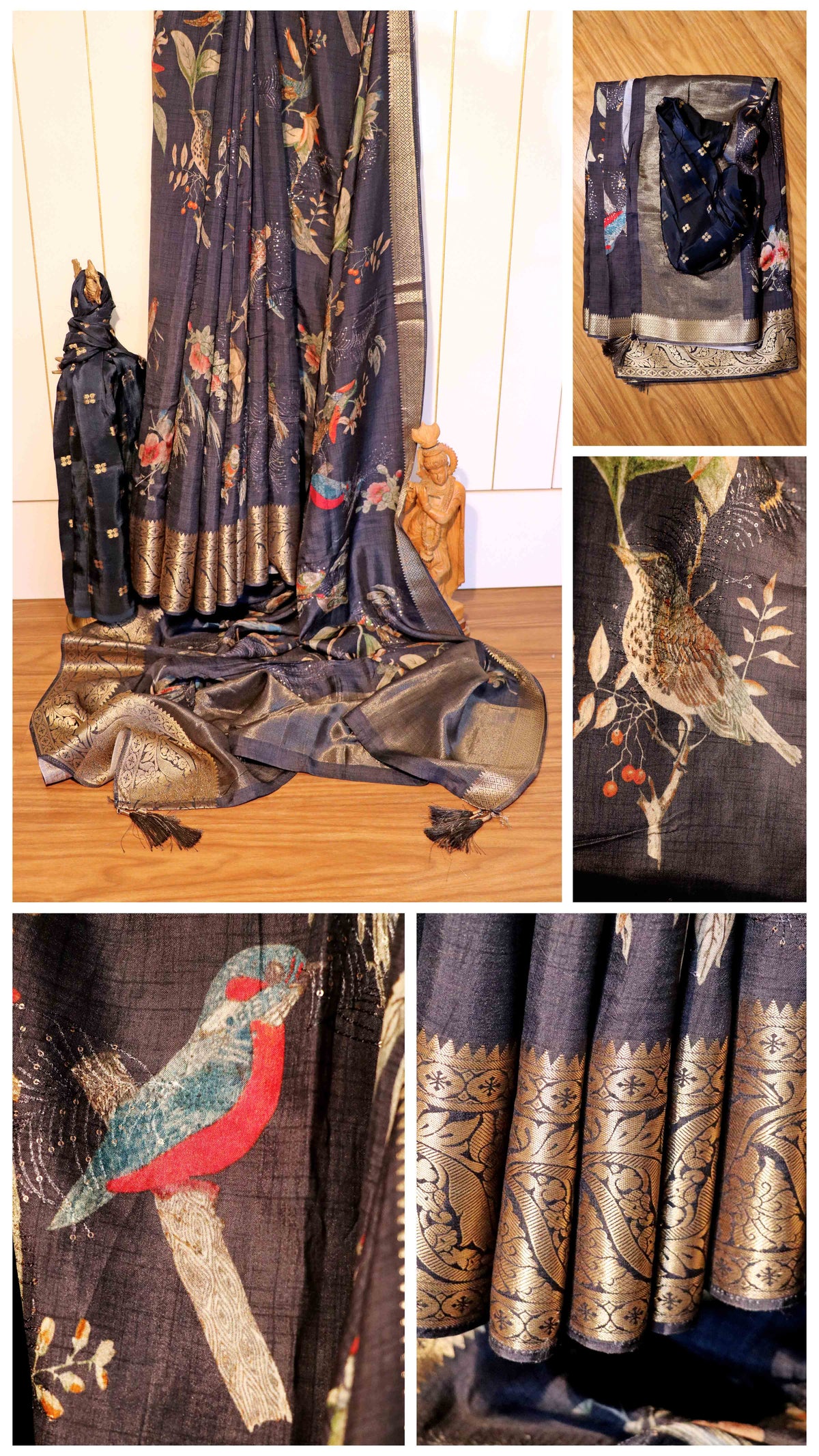 Mystic Aviary – Sabyasachi-Inspired Birds & Floral Pure Tussar Silk Saree 007