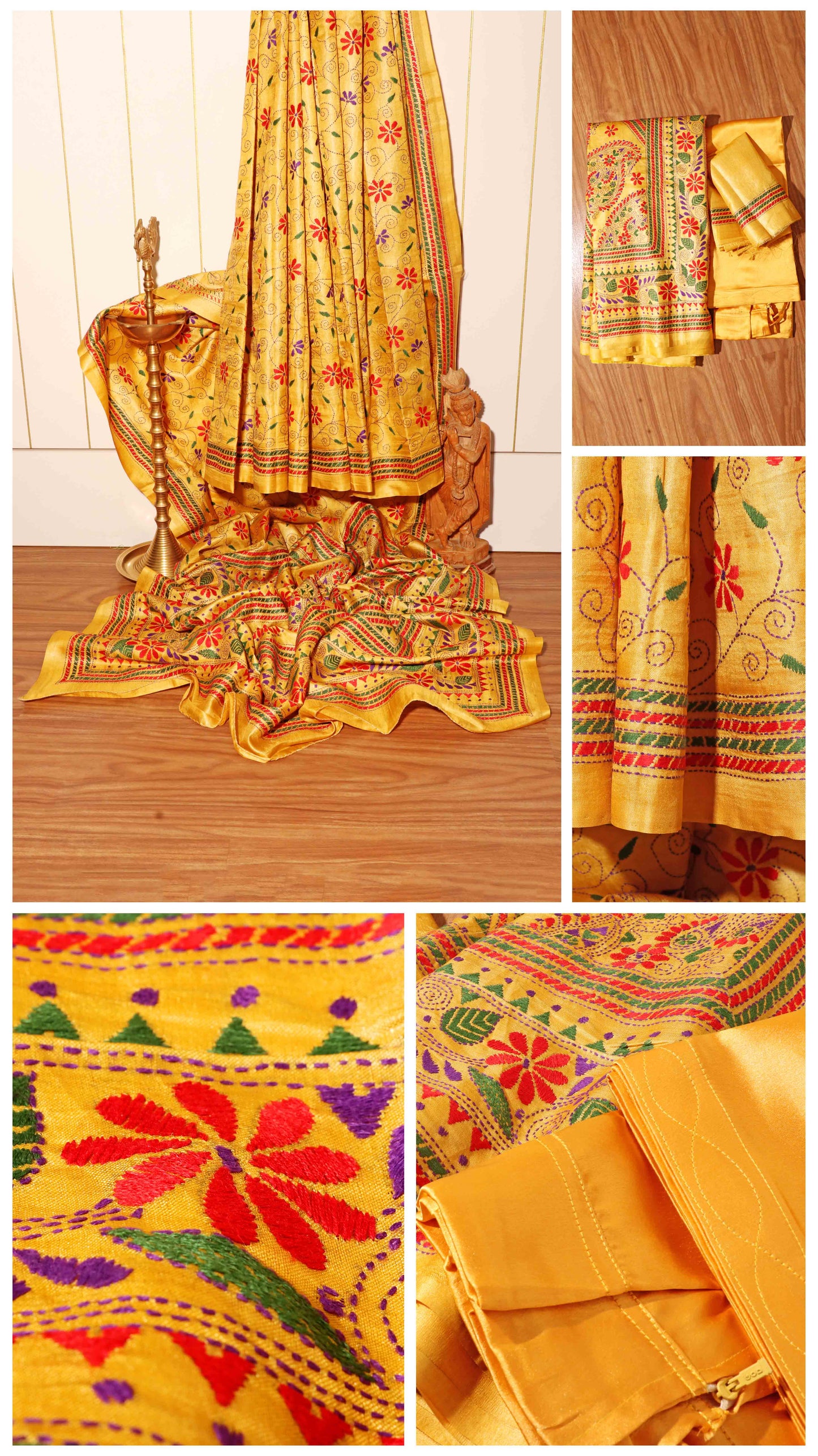 Golden Bloom – Kantha Hand-Embroidered Pure Tussar Silk Saree 023