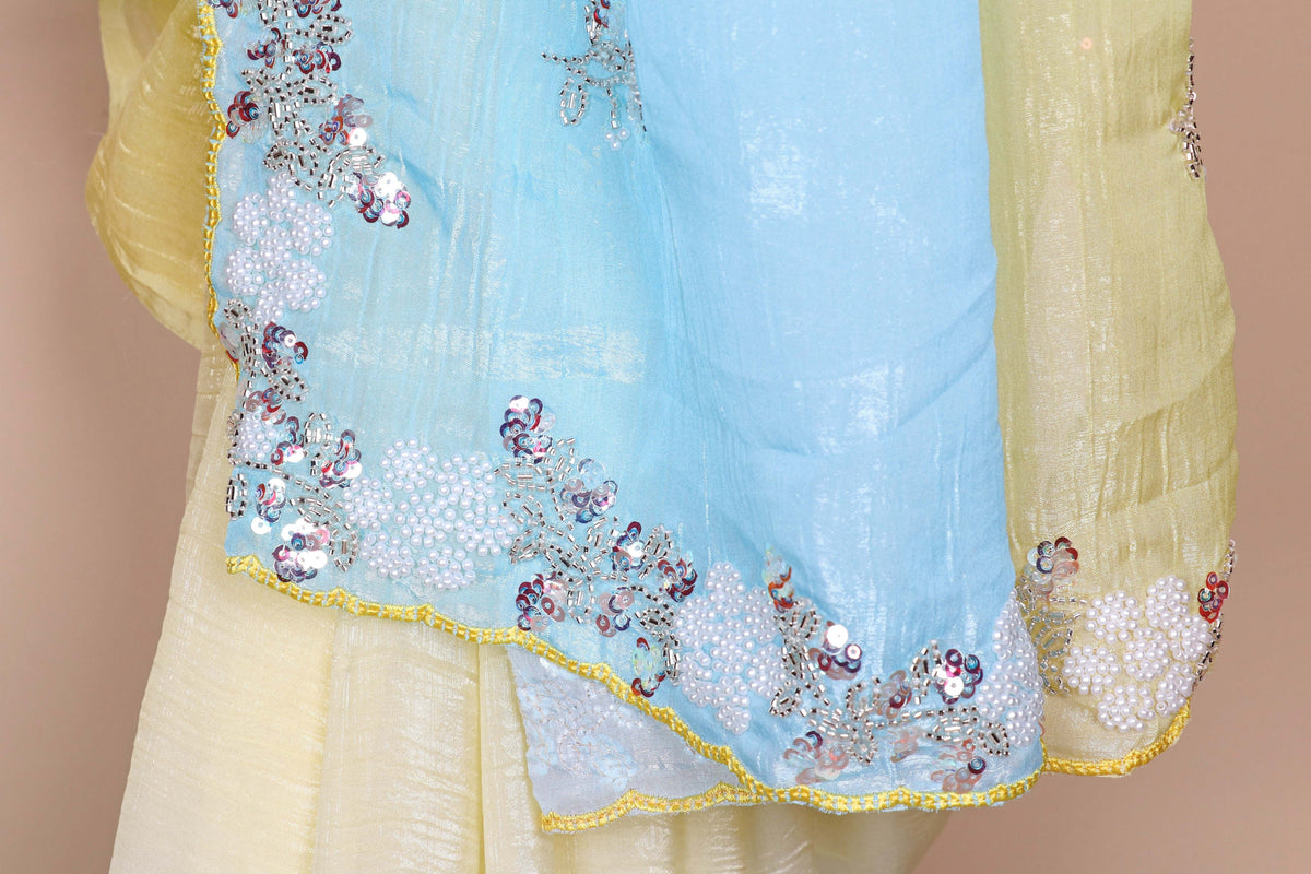 Blue Yellow Ombre Sequin Saree - 963