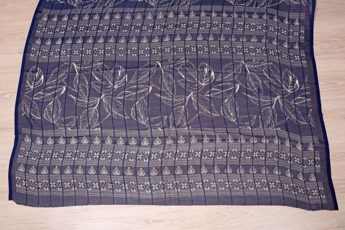 Royal Blue Tropical Leaf Print Chiffon Saree - 982