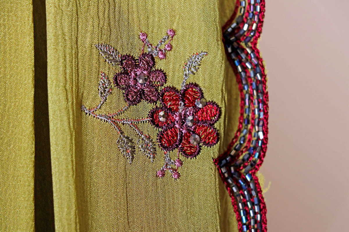 Olive Green Satin Saree with Red Embroidery Butti and Maroon Scalloped Border | 1001