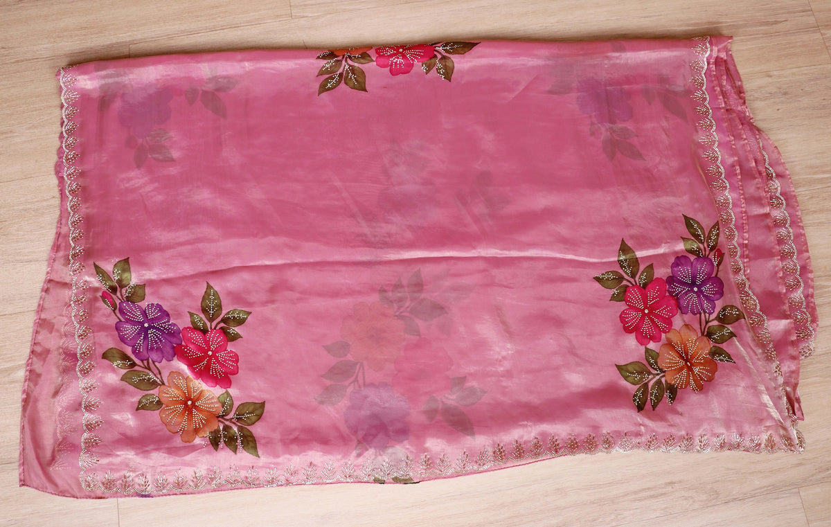 Rose Pink Satin Saree with Hand-Painted Florals and White Pearl Bead Scalloped Border | 1006