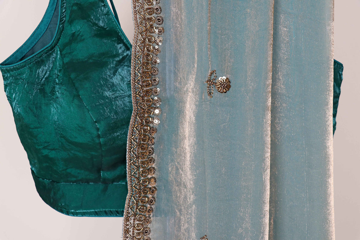 Sage Green Tissue Silk Saree with Gold Zari Shimmer and Mirror Work Border | 1013