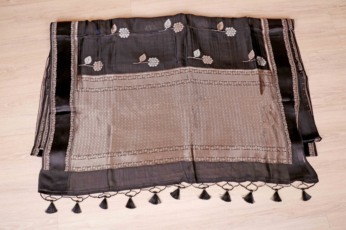 Black Soft Silk Saree with Gold Silver Zari Floral Butti and Banarasi Border | 1015
