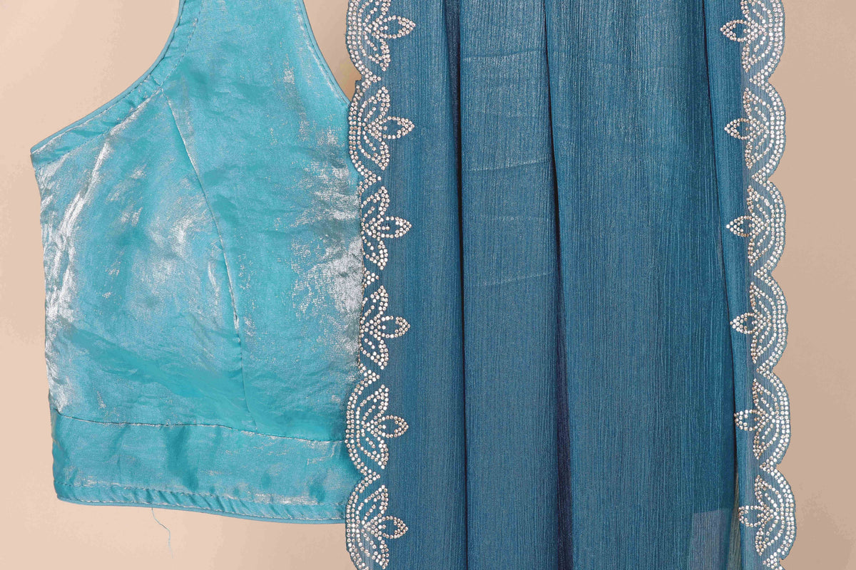 Steel Teal Blue Crinkle Shimmer Chiffon Saree with Silver Embroidery | 1020