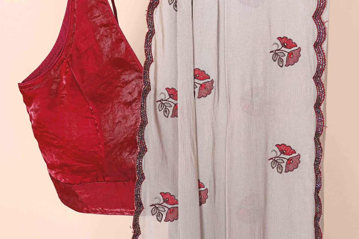 Silver Grey Pure Chiffon Saree with Red Embroidered Floral Butti and Maroon Beaded Scalloped Border | 1021