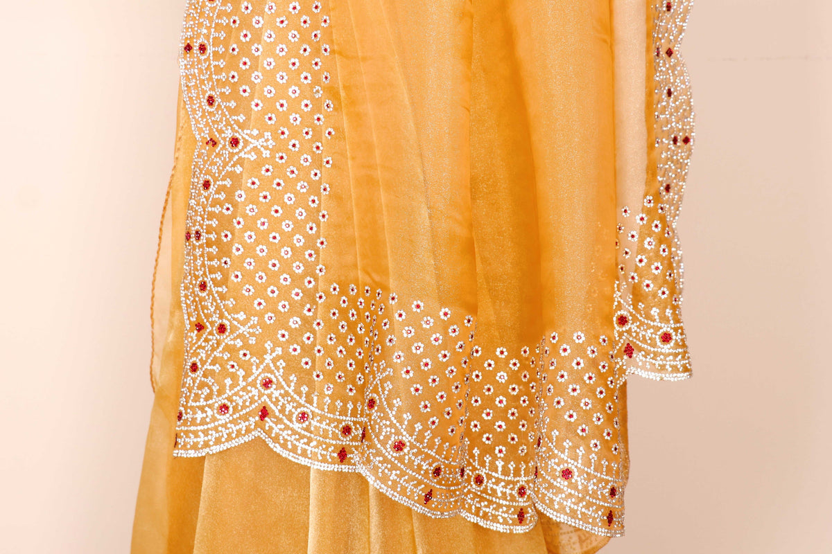 Gold Tissue Organza Saree with Silver Bead Branch Embroidered Pallu and Pearl Sequin Scalloped Border | 1029