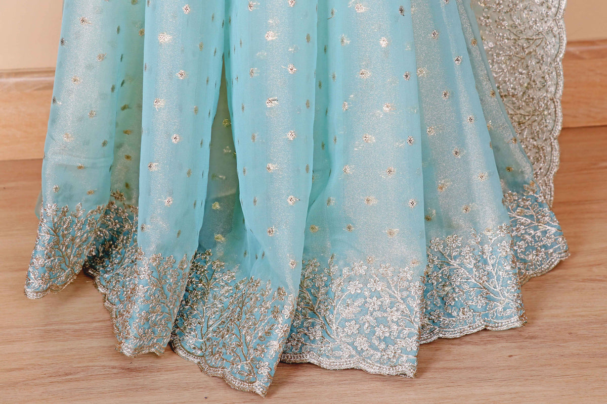 Sky Blue Tissue Organza Saree with Gold Silver Sequin Butti and Embroidered Floral Scalloped Border | 1032