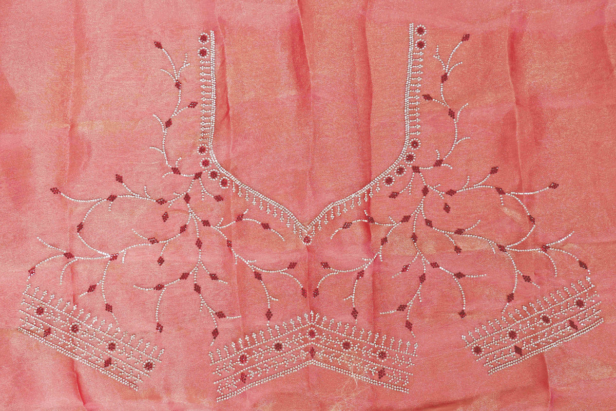 Peach Red Ombre Tissue OrganzaSaree with Silver Bead Branch Embroidered Pallu and Pearl Scalloped Border | 1033
