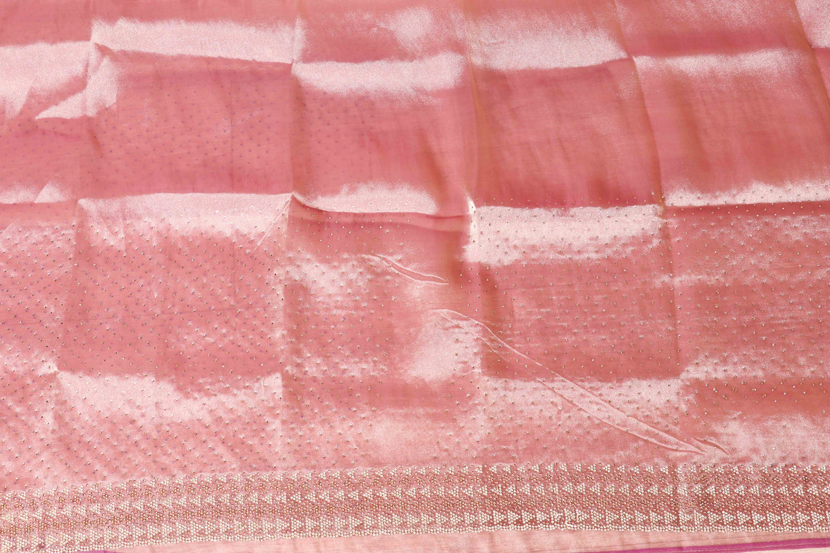 Baby Pink Tissue Organza Saree with Silver Zari Chevron Geometric Border and Gold Tassels | 1034