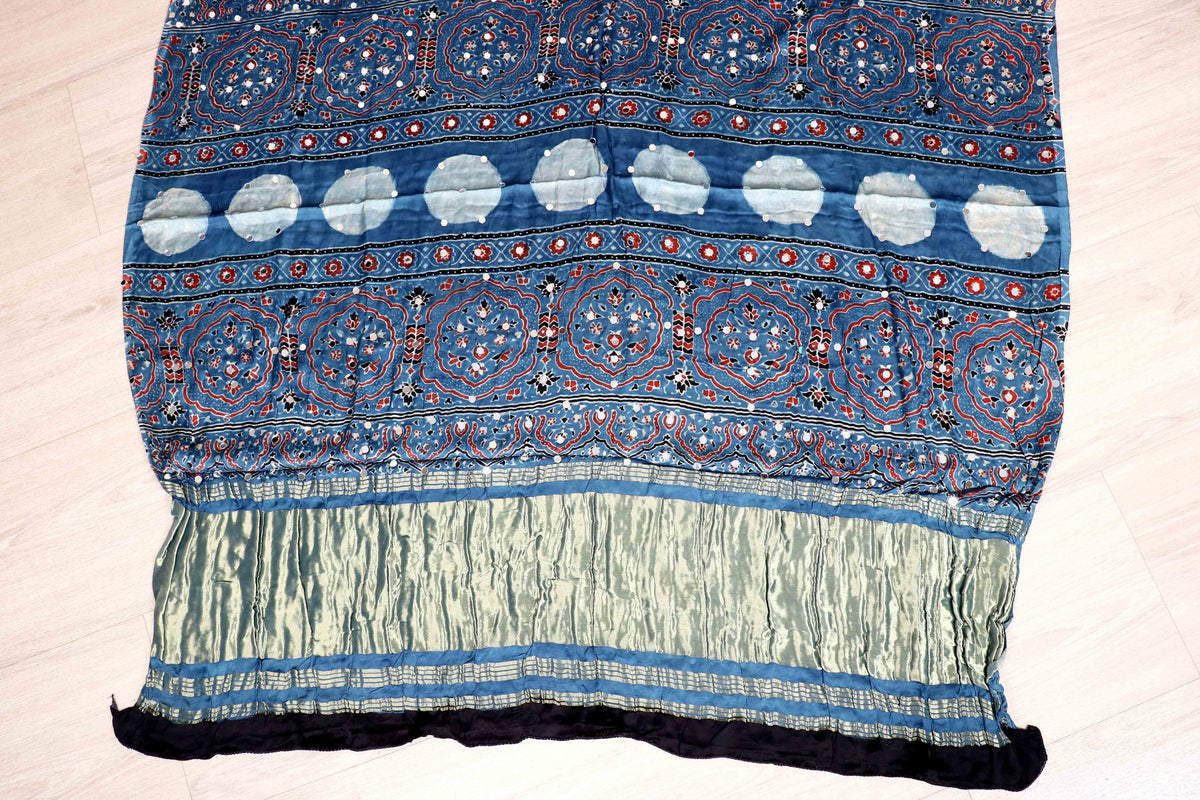 Neel Ajrakh Block Printed Silk Saree with Mirror Work|/ 1051