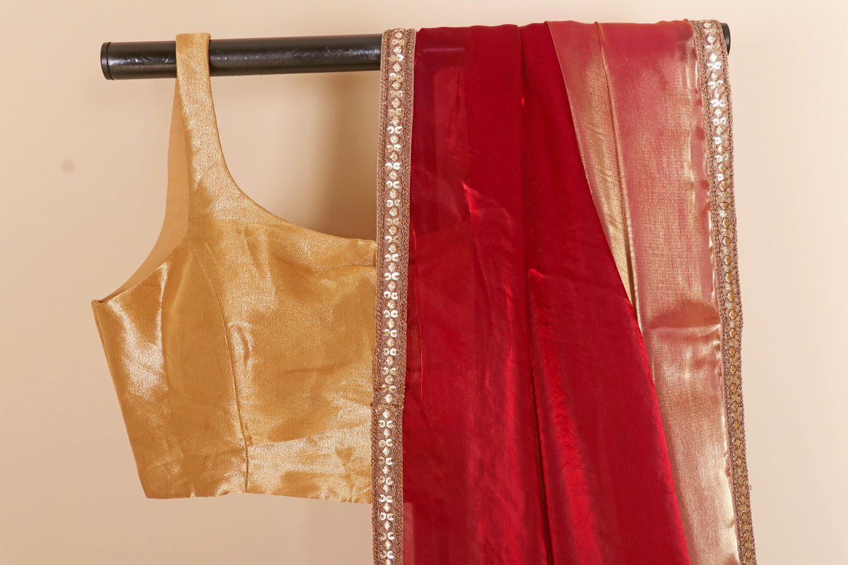 Sindoori Lal Tissue Silk Saree with Gold Zari Half Section and Sequin Embroidered Kinari | 1060