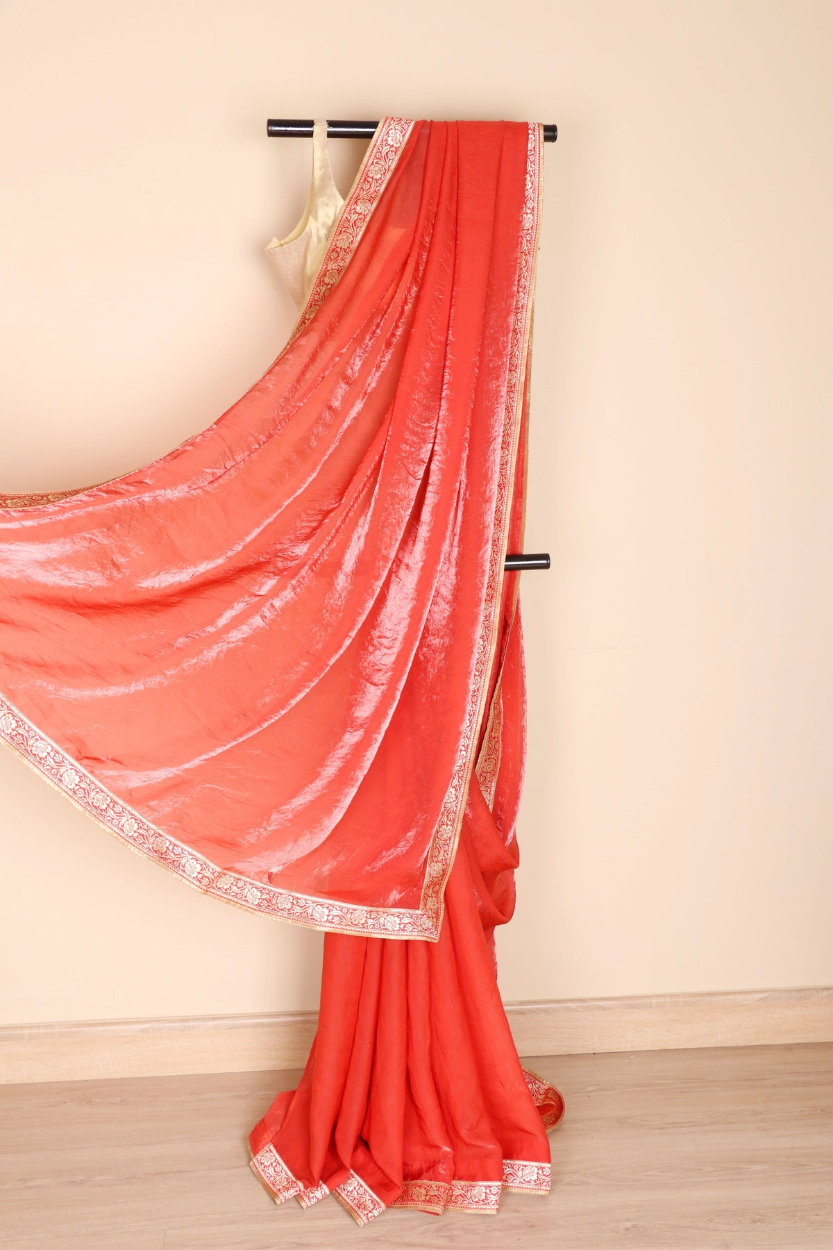 Sindoori Coral Tissue Saree with Gold Banarasi Zari Floral Embroidered Kinari | 1063