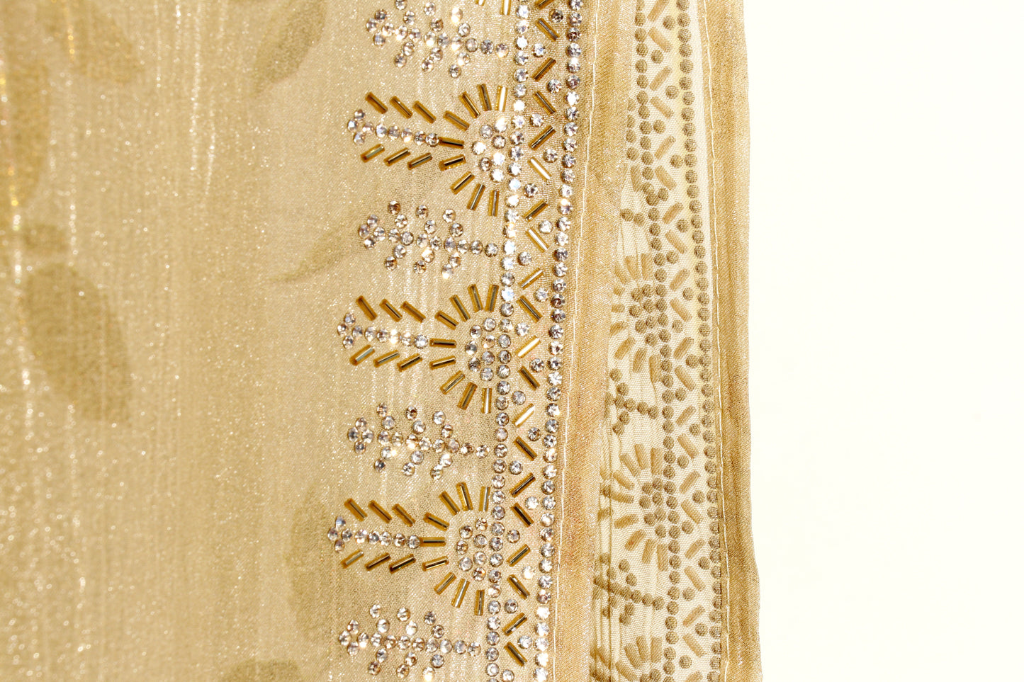 Sona Gulab – Champagne Gold Floral Tissue Saree with Crystal Border - 607