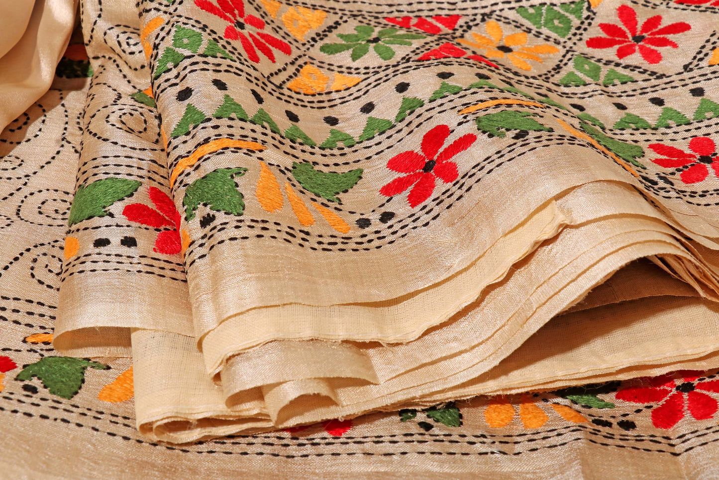 Heritage Bloom – Kantha Embroidered Beige Pure Tussar Silk Saree 024