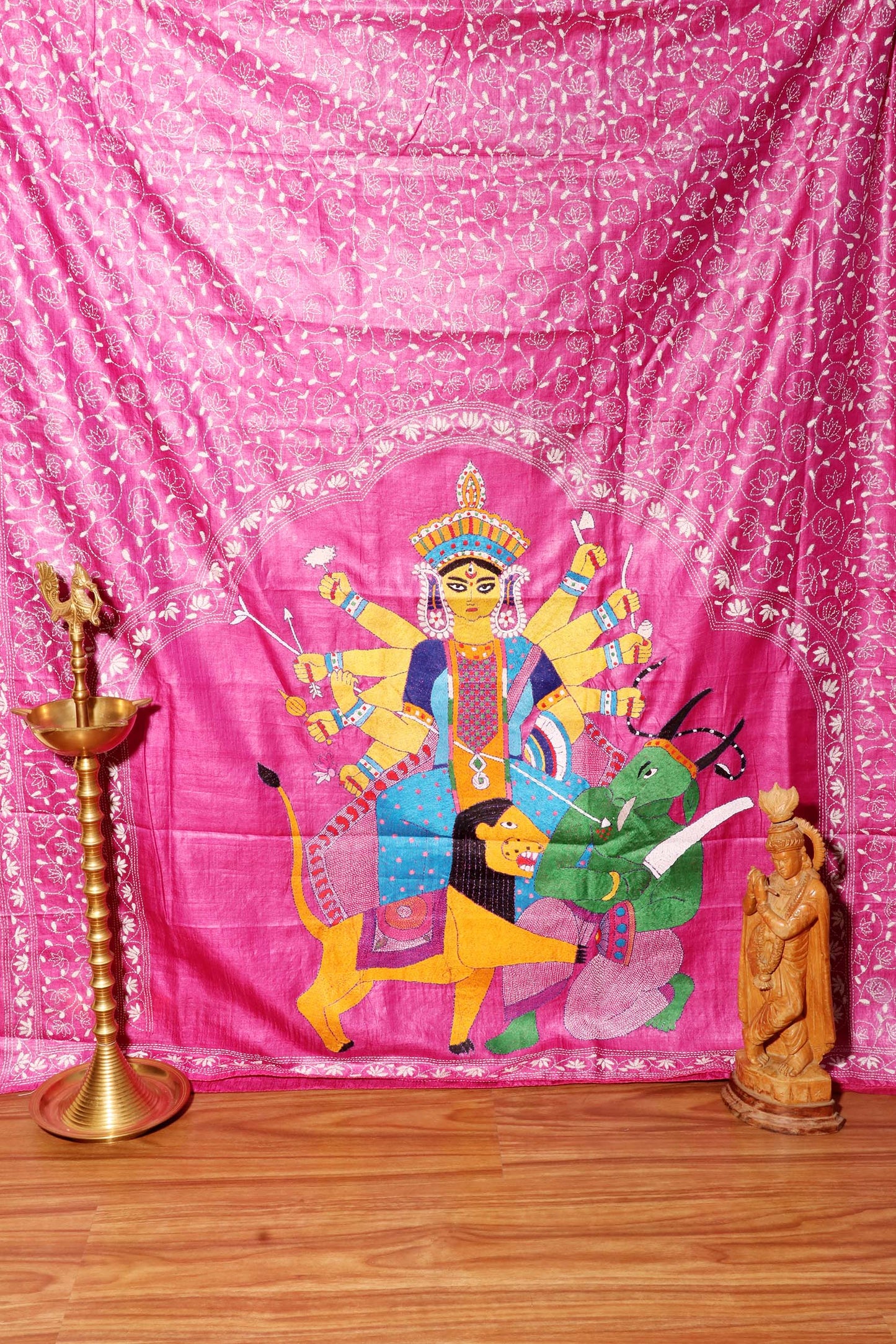 Divine Grace – Rani Pink Kantha Hand-Embroidered Pure Tussar Silk Saree 032