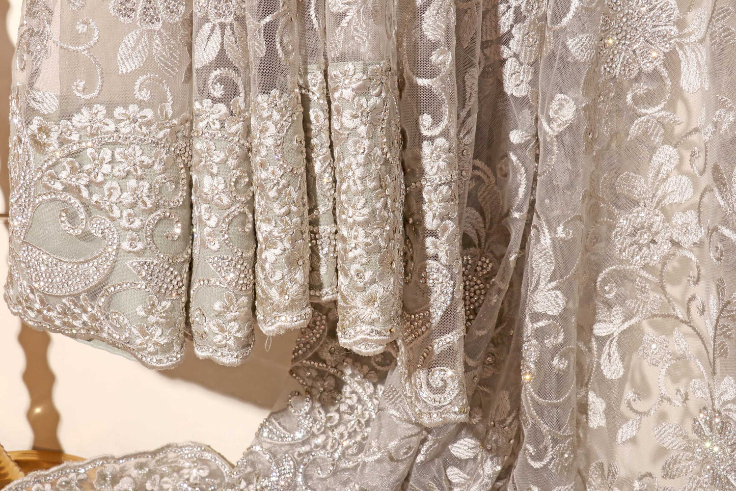Ethereal Elegance – Ivory Crystal & Pearl Net Saree 037