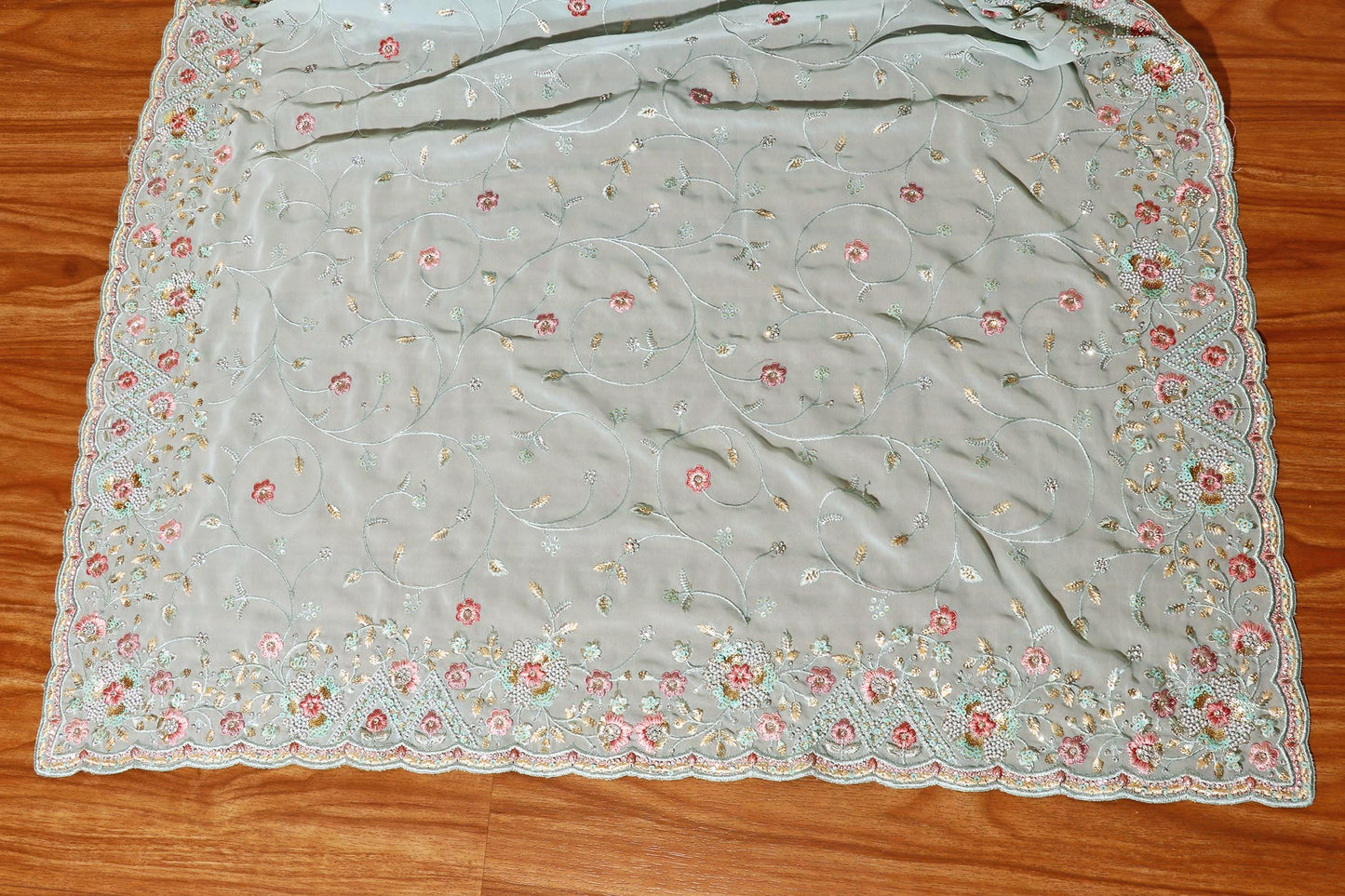 Sky Blue Chiffon Saree with All-Over Floral Embroidery & Pearl Accents 095
