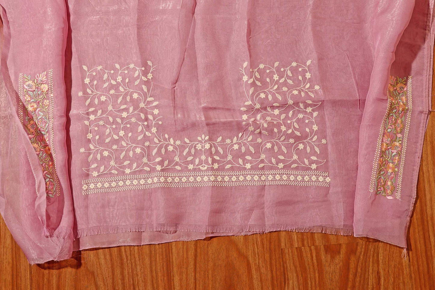 Mauve Chikankari Georgette Saree with Pastel Floral Border & Silver Sequins 098