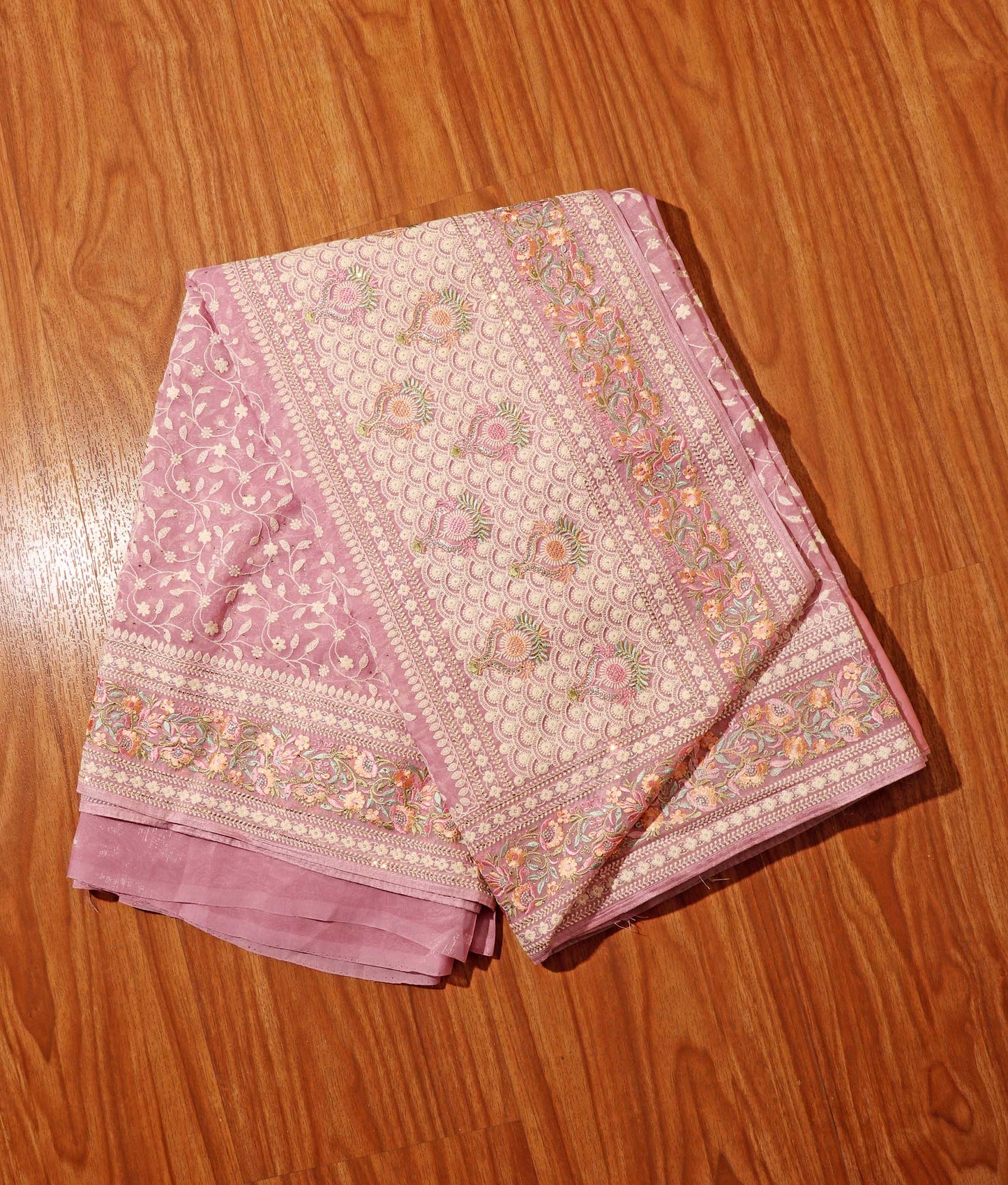 Mauve Chikankari Georgette Saree with Pastel Floral Border & Silver Sequins 098
