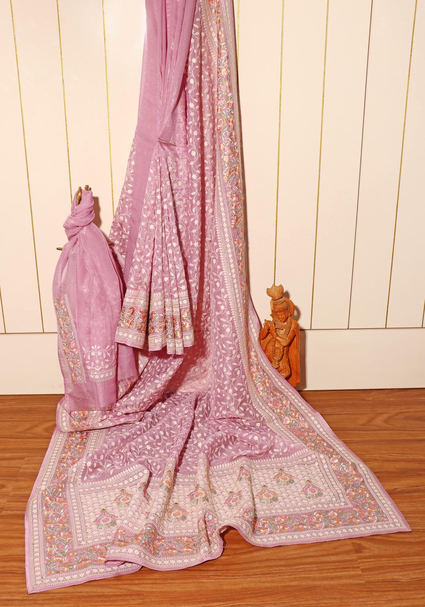 Mauve Chikankari Georgette Saree with Pastel Floral Border & Silver Sequins 098