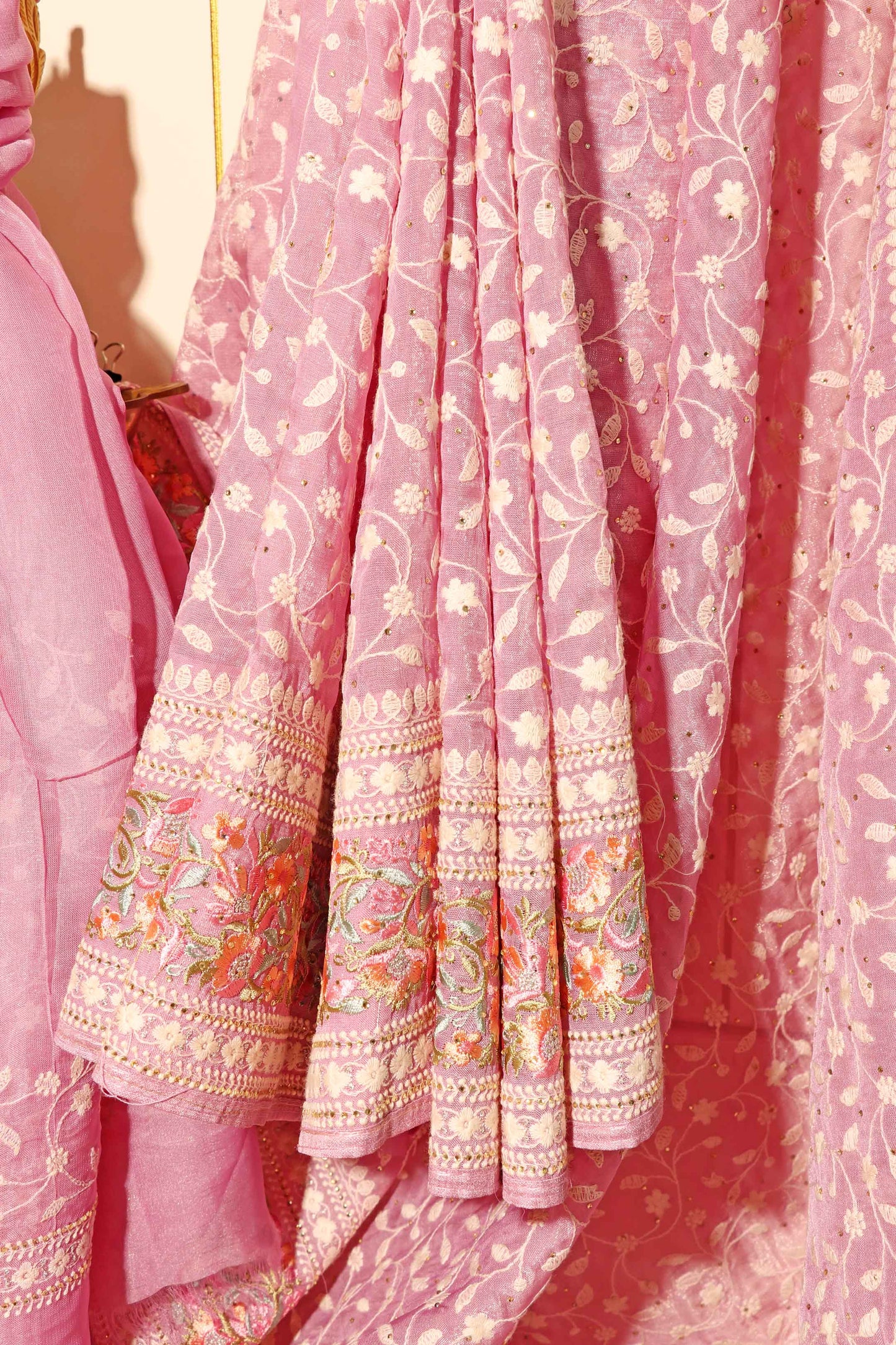 Mauve Chikankari Georgette Saree with Pastel Floral Border & Silver Sequins 098