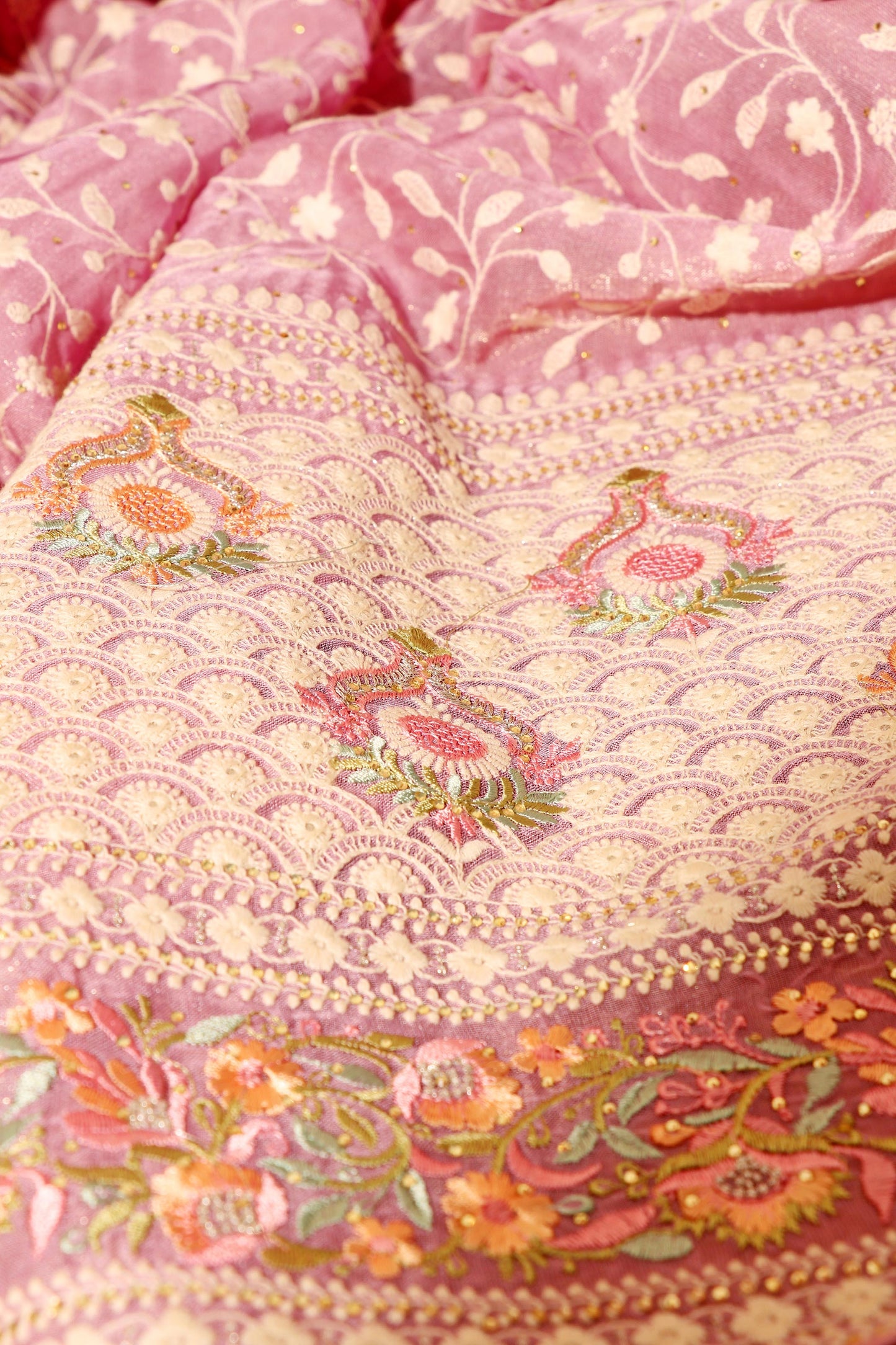 Mauve Chikankari Georgette Saree with Pastel Floral Border & Silver Sequins 098