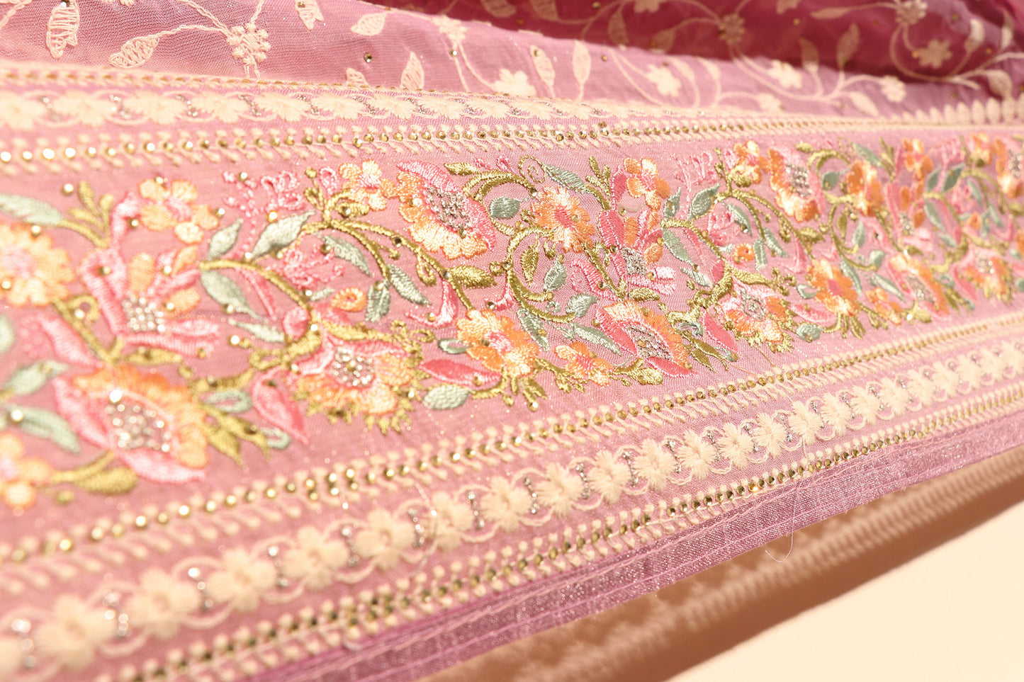 Mauve Chikankari Georgette Saree with Pastel Floral Border & Silver Sequins 098