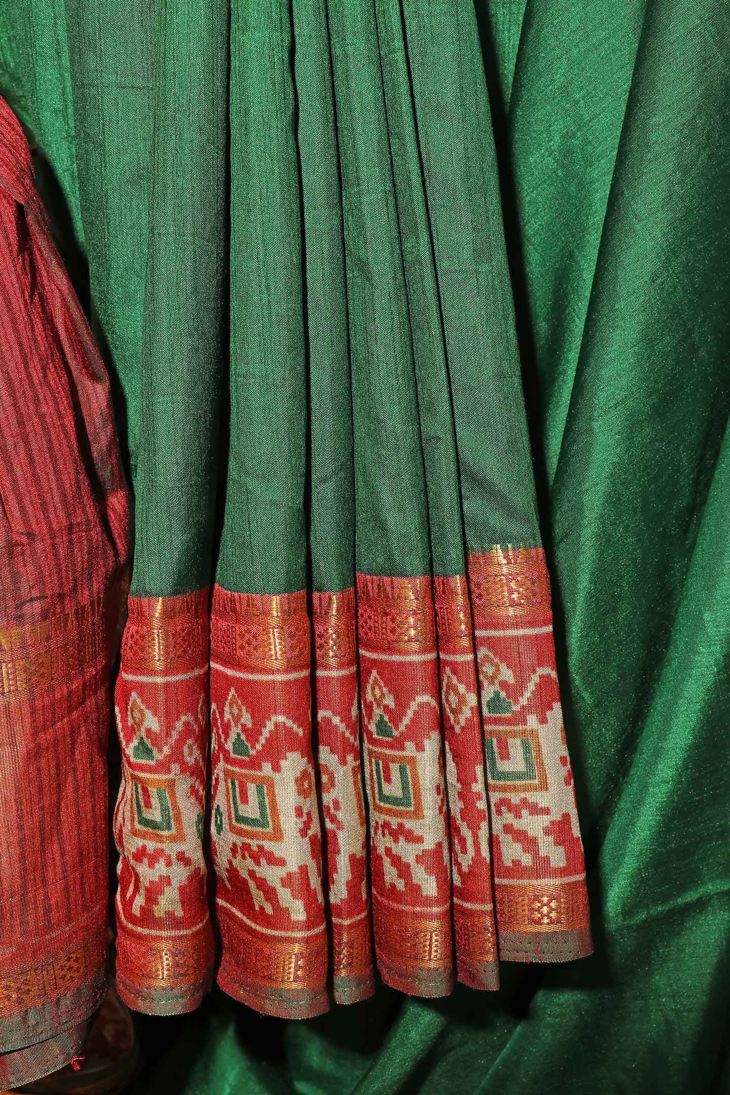 Bottle Green & Maroon Patola-Inspired Saree with Zari Accents 102