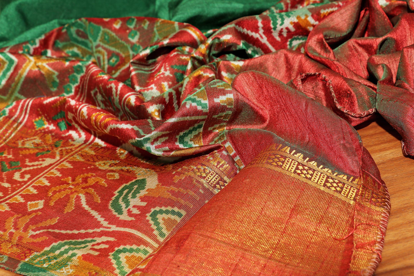 Bottle Green & Maroon Patola-Inspired Saree with Zari Accents 102