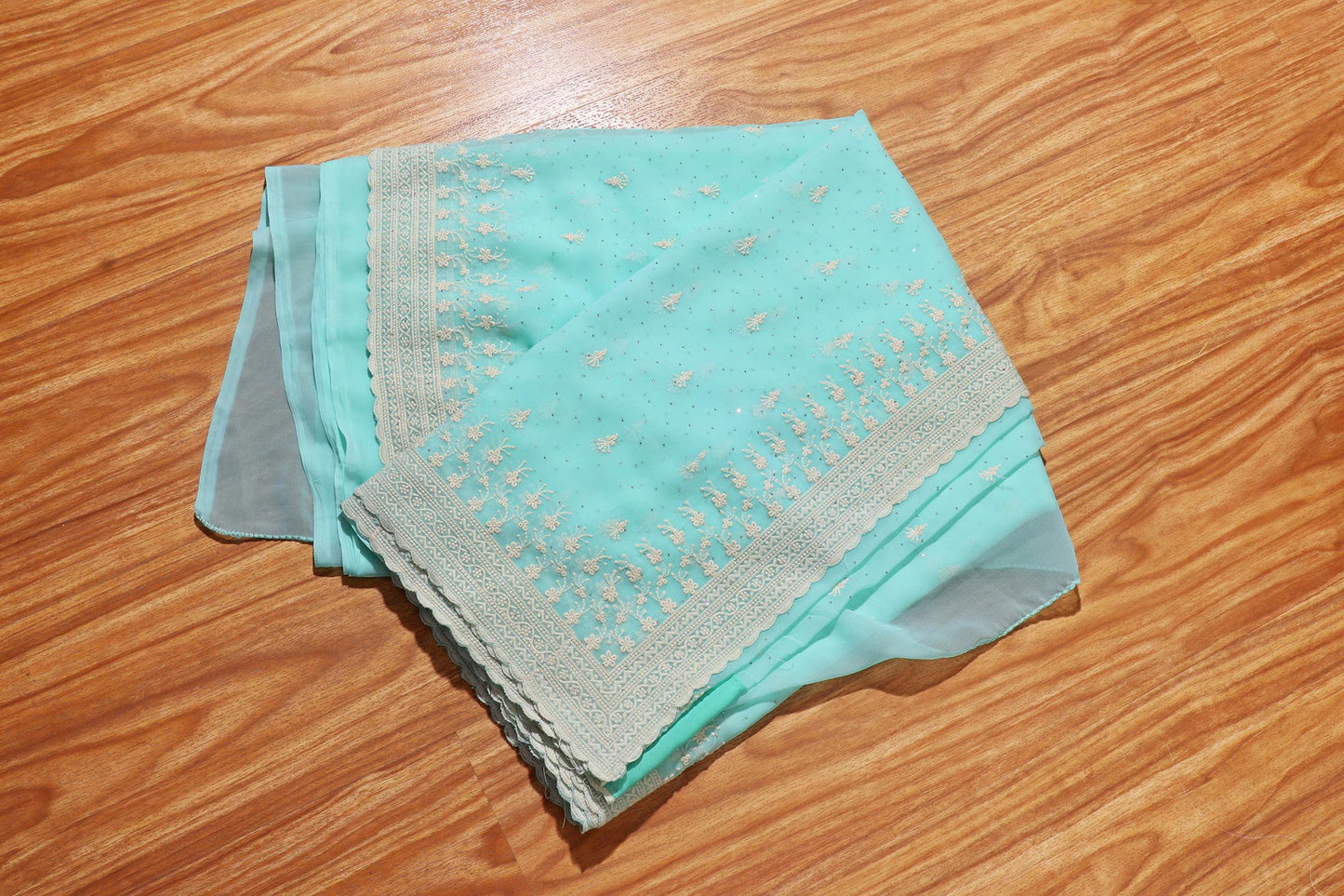 Pista Green Lucknowi Embroidered Chiffon Saree with Scalloped Detailing 103