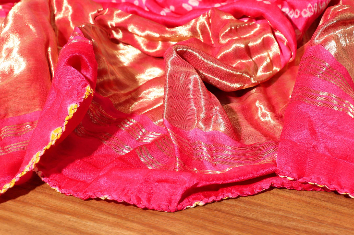 Pink and Mustard Shaded Bandhani Saree with Rich Gold Pallu 117