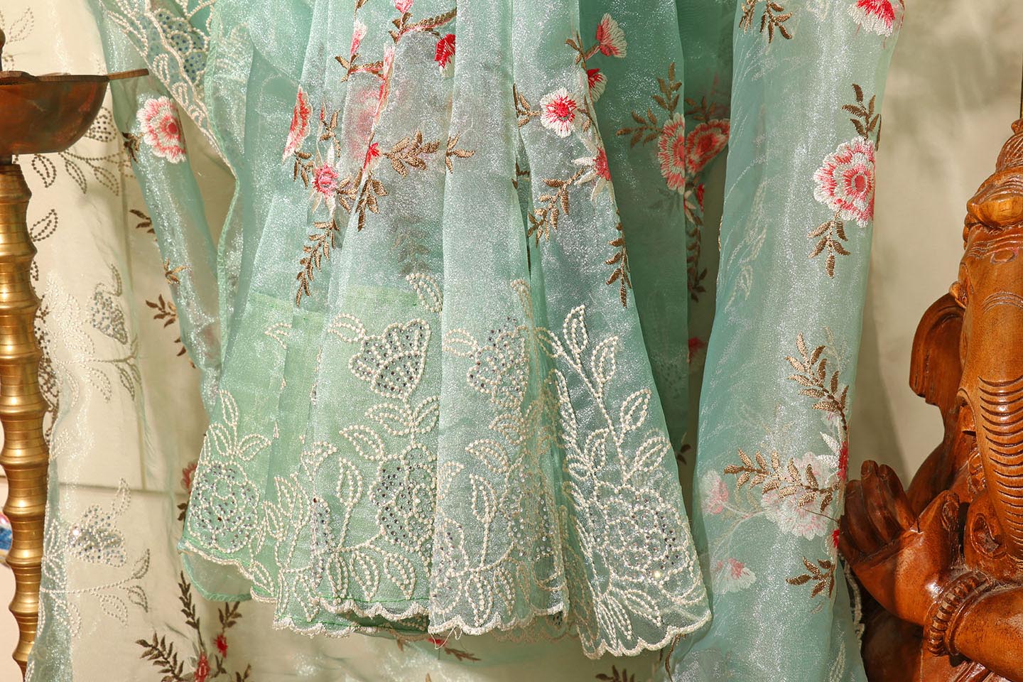 Sage Green Tissue Organza Saree with Pearl & Swarovski Border 074