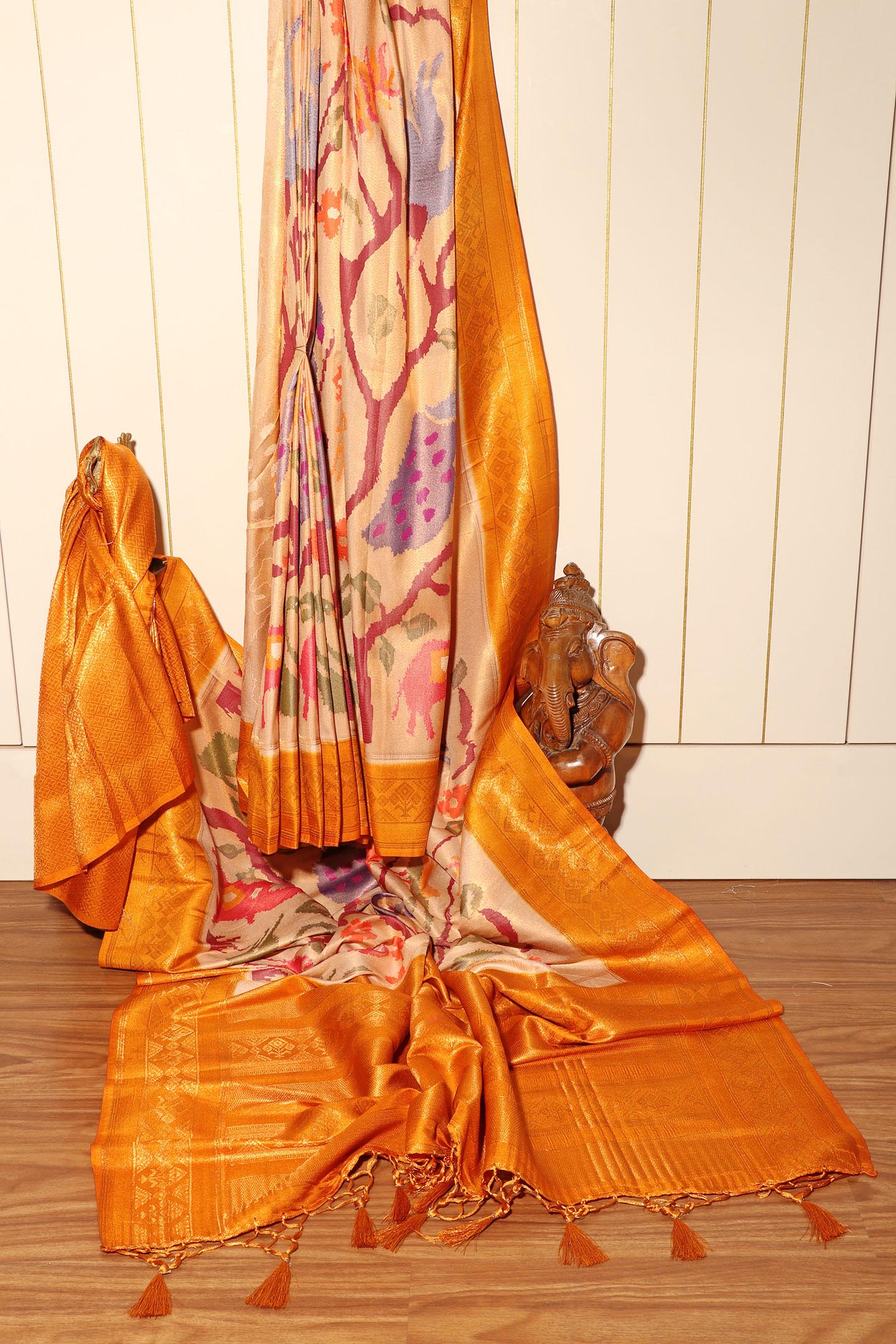 Kosiya Kanjivaram Fusion Saree in Beige & Mustard 075