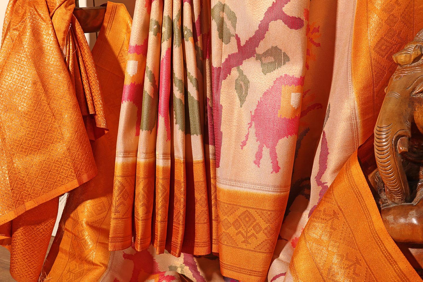 Kosiya Kanjivaram Fusion Saree in Beige & Mustard 075