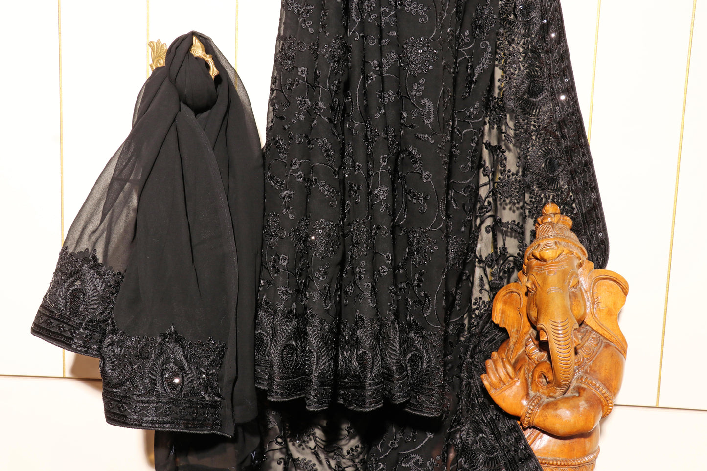 Midnight Elegance Embroidered Black Saree 084