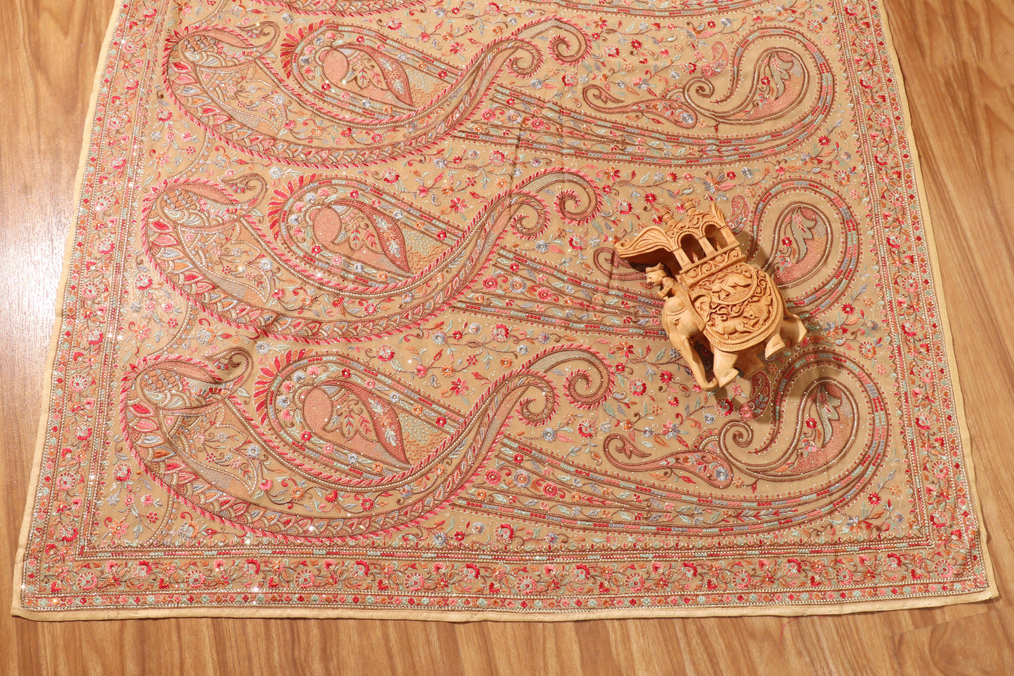 Champagne Beige Kashmiri Embroidered Georgette Saree with Gold Accents 090