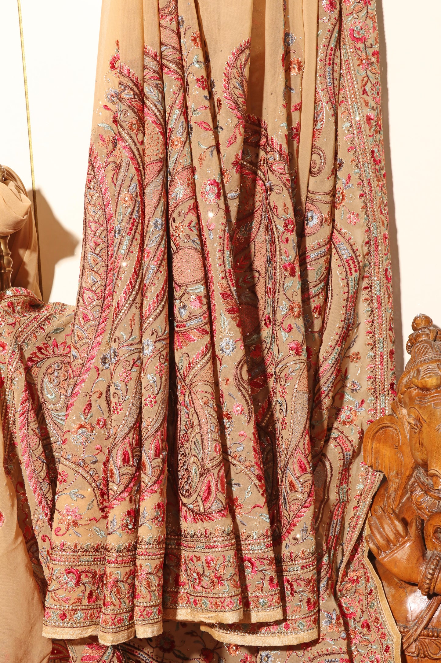 Champagne Beige Kashmiri Embroidered Georgette Saree with Gold Accents 090