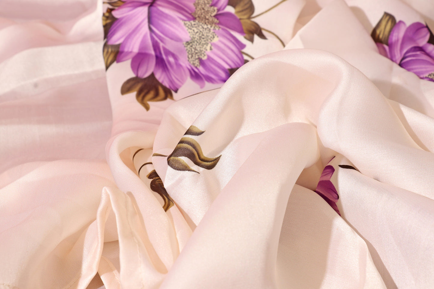 Pale Beige Satin Silk Saree with Purple Chrysanthemums & Orange Khadi Contrast Blouse 092