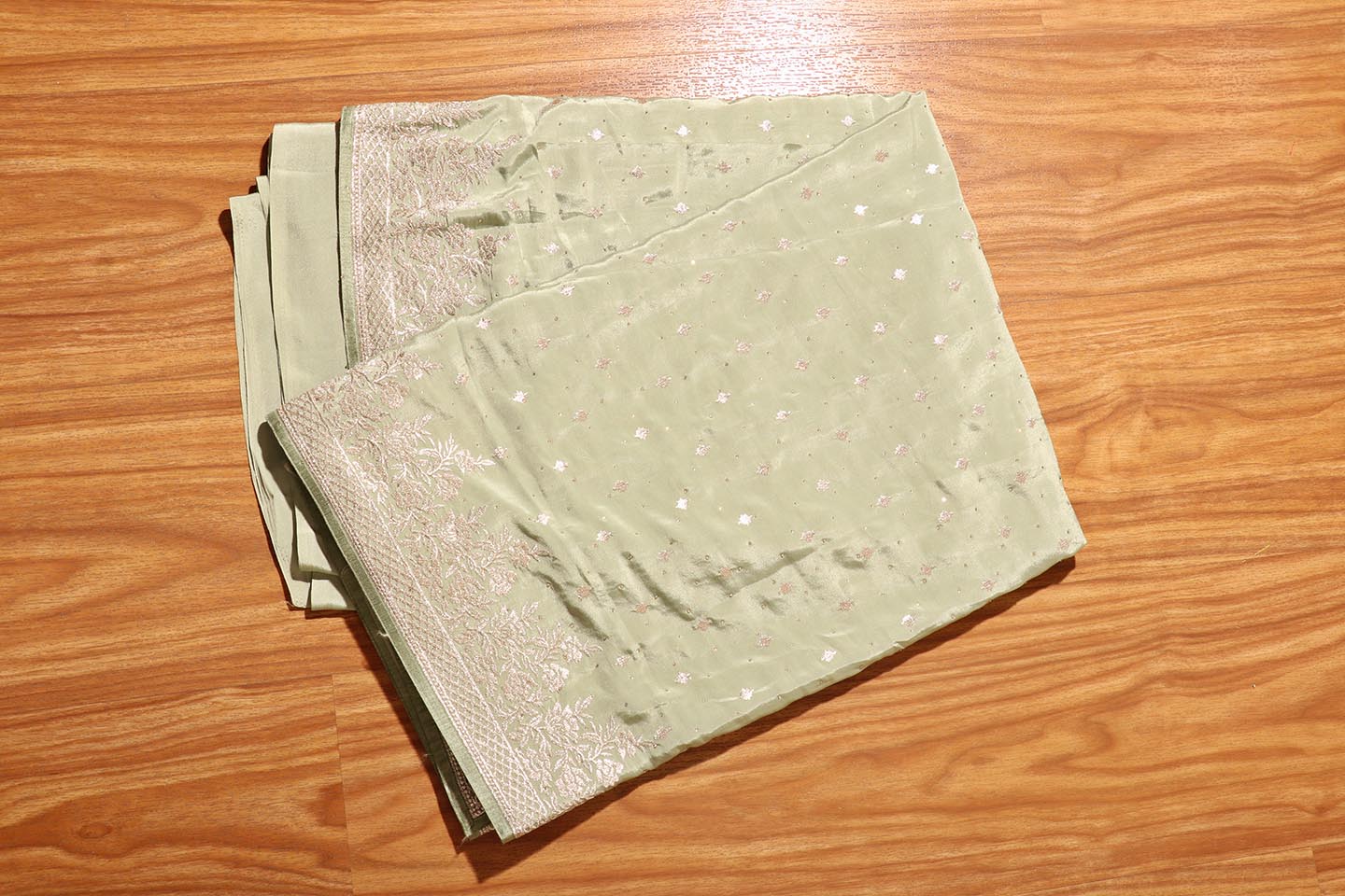 Karishma – Sage Green Satin Silk Saree with Silver Embroidery 141