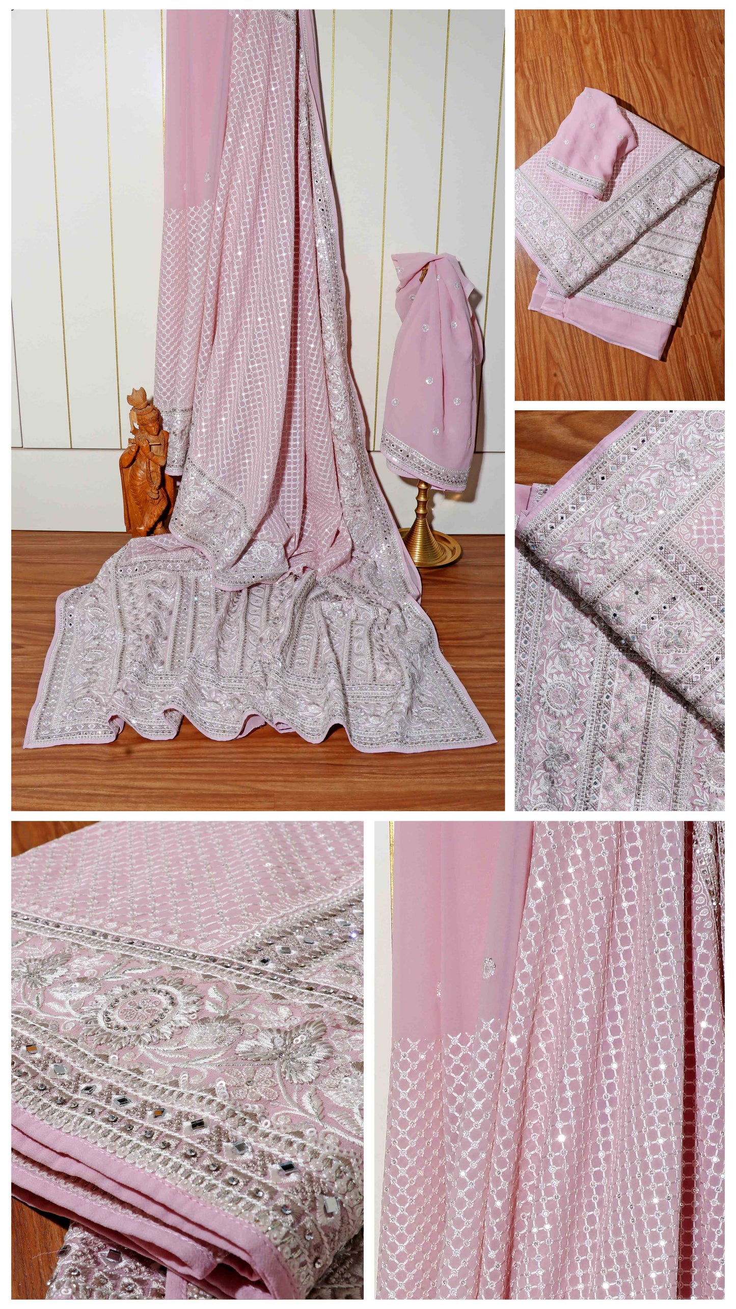 Rose Luxe – Embroidered Mirror & Crystal Pure Chiffon Saree 012