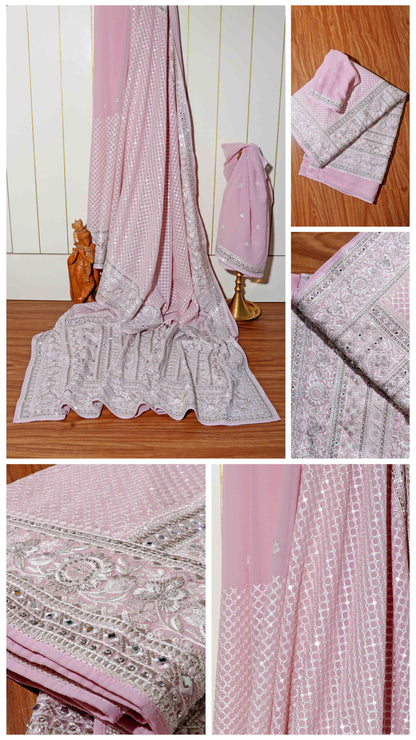 Rose Luxe – Embroidered Mirror & Crystal Pure Chiffon Saree 012