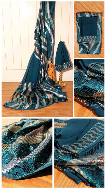 Celestial Glam – Teal Green Sequin Party Pure Georgette Saree 013