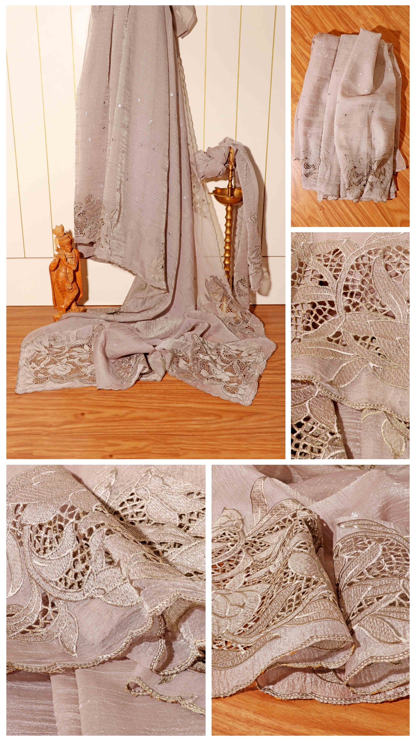 Moonlit Grace – Grey Cutwork Crushed Tissue Organza Blend Saree 018