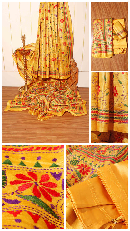 Golden Bloom – Kantha Hand-Embroidered Pure Tussar Silk Saree 023