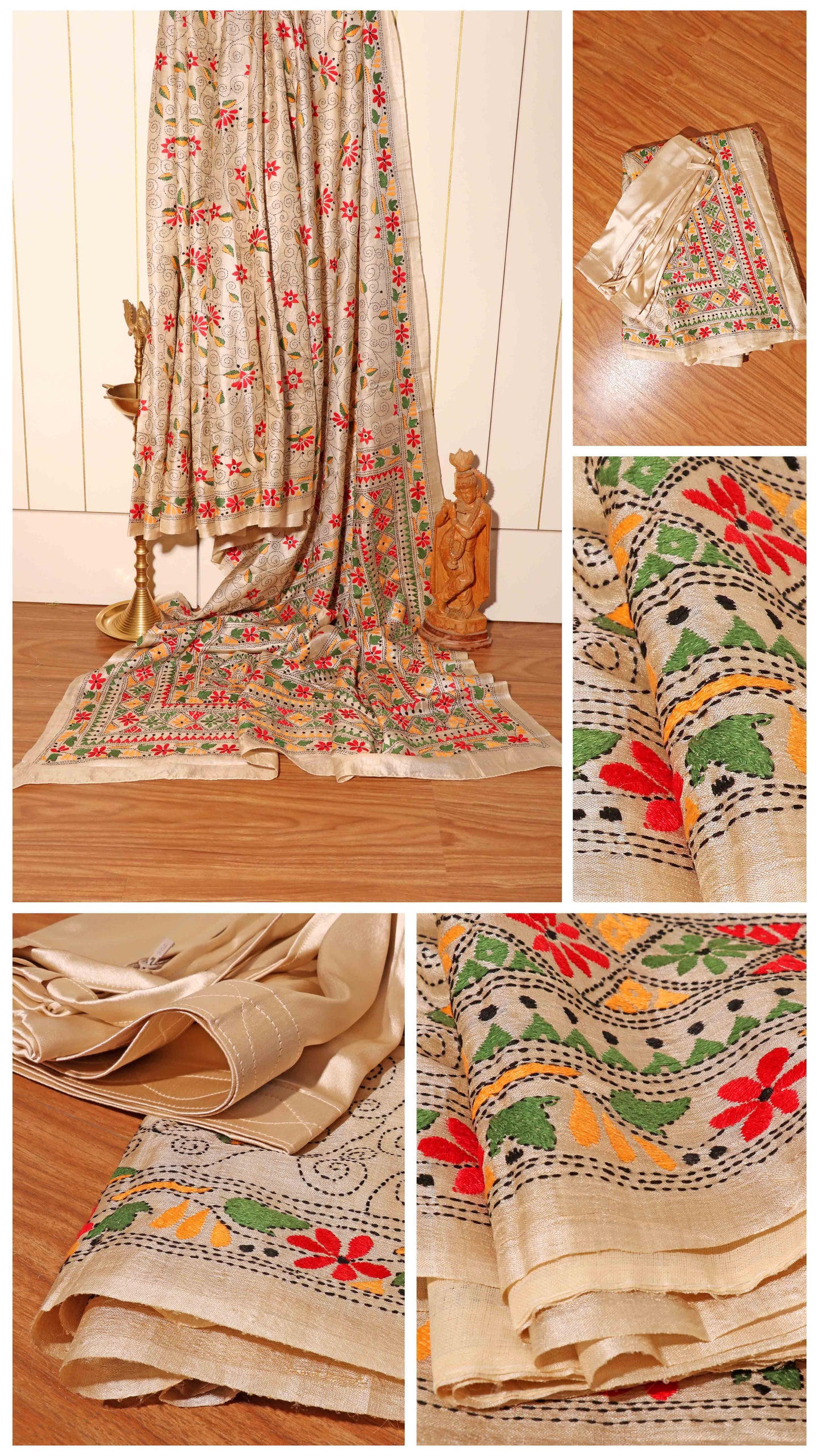Heritage Bloom – Kantha Embroidered Beige Pure Tussar Silk Saree 024