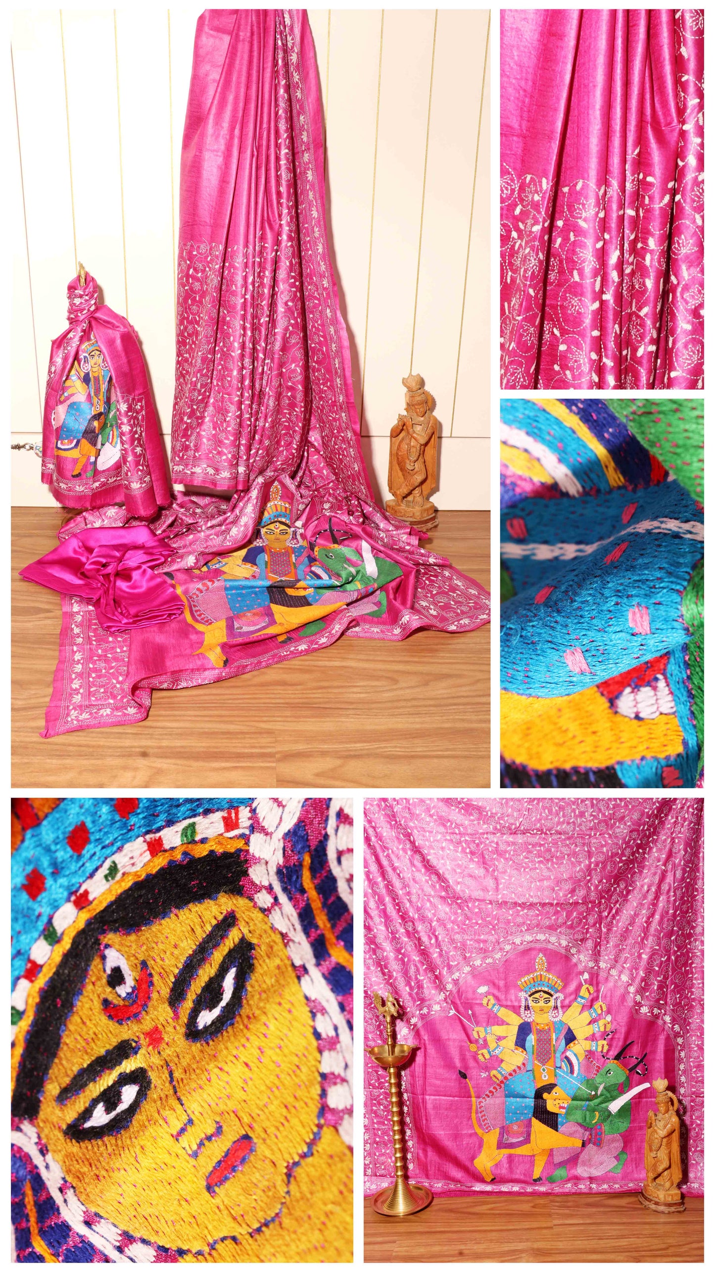 Divine Grace – Rani Pink Kantha Hand-Embroidered Pure Tussar Silk Saree 032