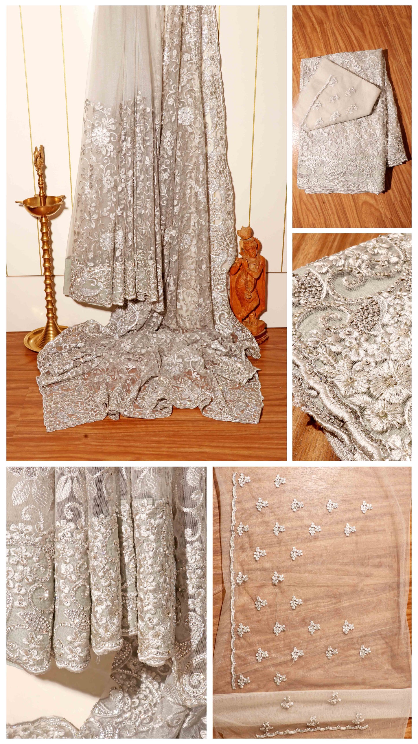 Ethereal Elegance – Ivory Crystal & Pearl Net Saree 037