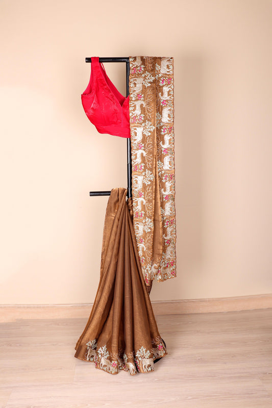 Mrigaya Tamba Wildlife Embroidered Tissue Silk Saree