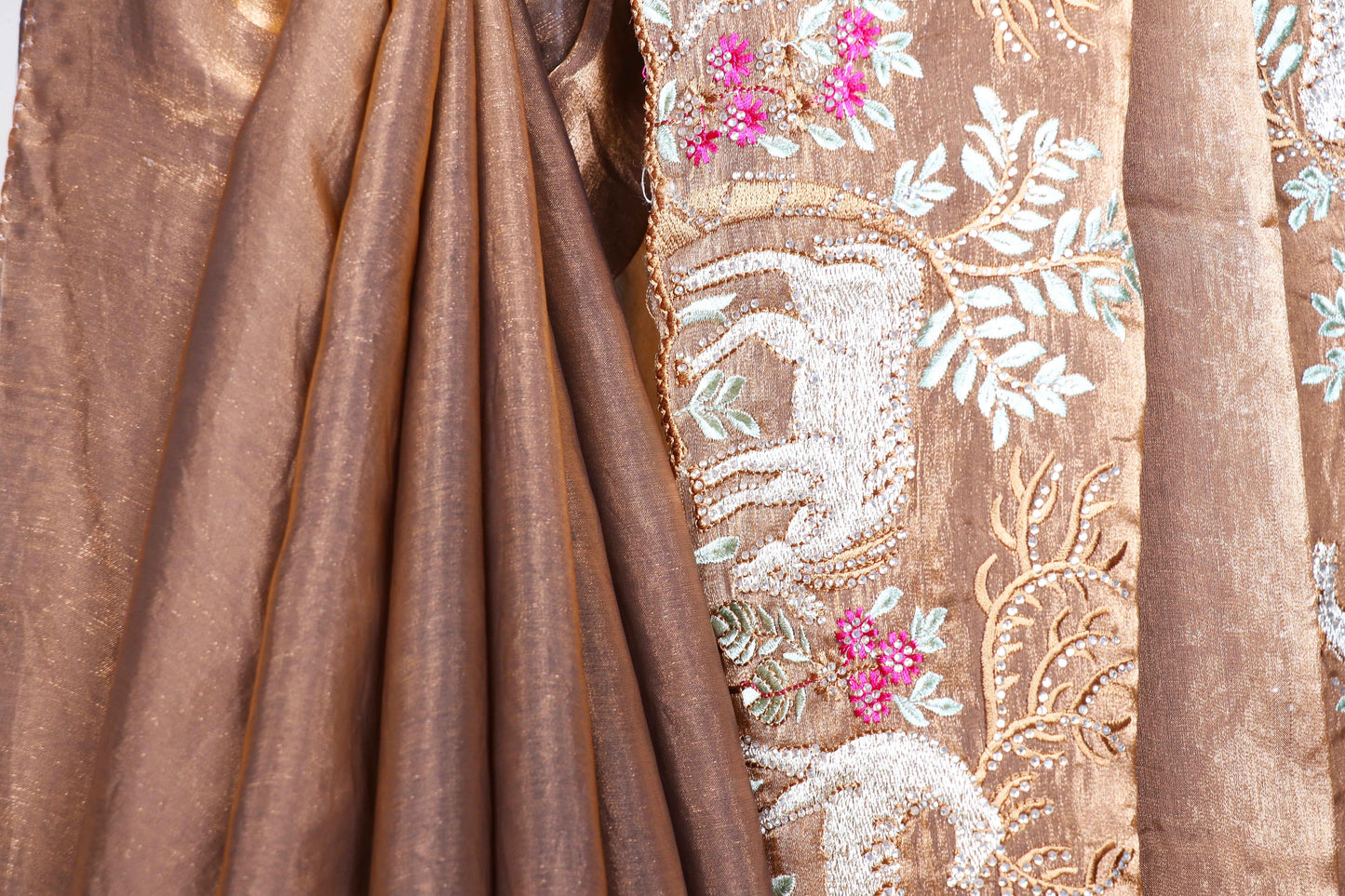 Mrigaya Tamba Wildlife Embroidered Tissue Silk Saree